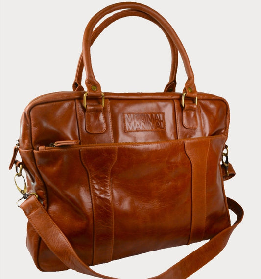 Leather Laptop Bag - Cognac - Minimal Manimal
